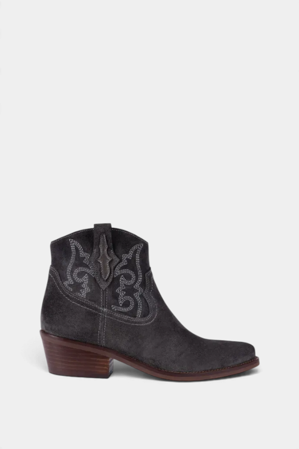 The Copper Shed Cassidy suede ankle boot in dark grey with western-inspired hand-stitched detailing and Cuban heel.