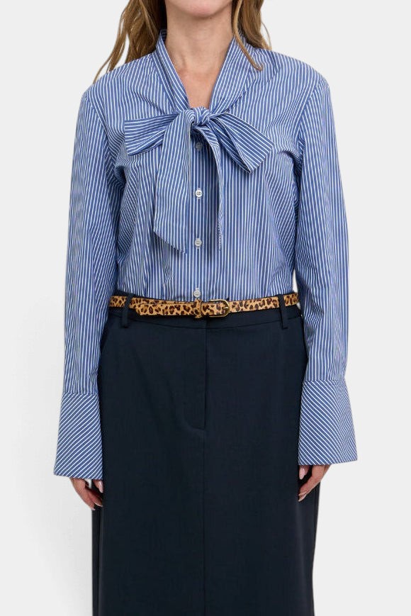The Copper Shed Cassie bow blouse in blue and white stripe cotton with double button cuffs and a relaxed neck bow