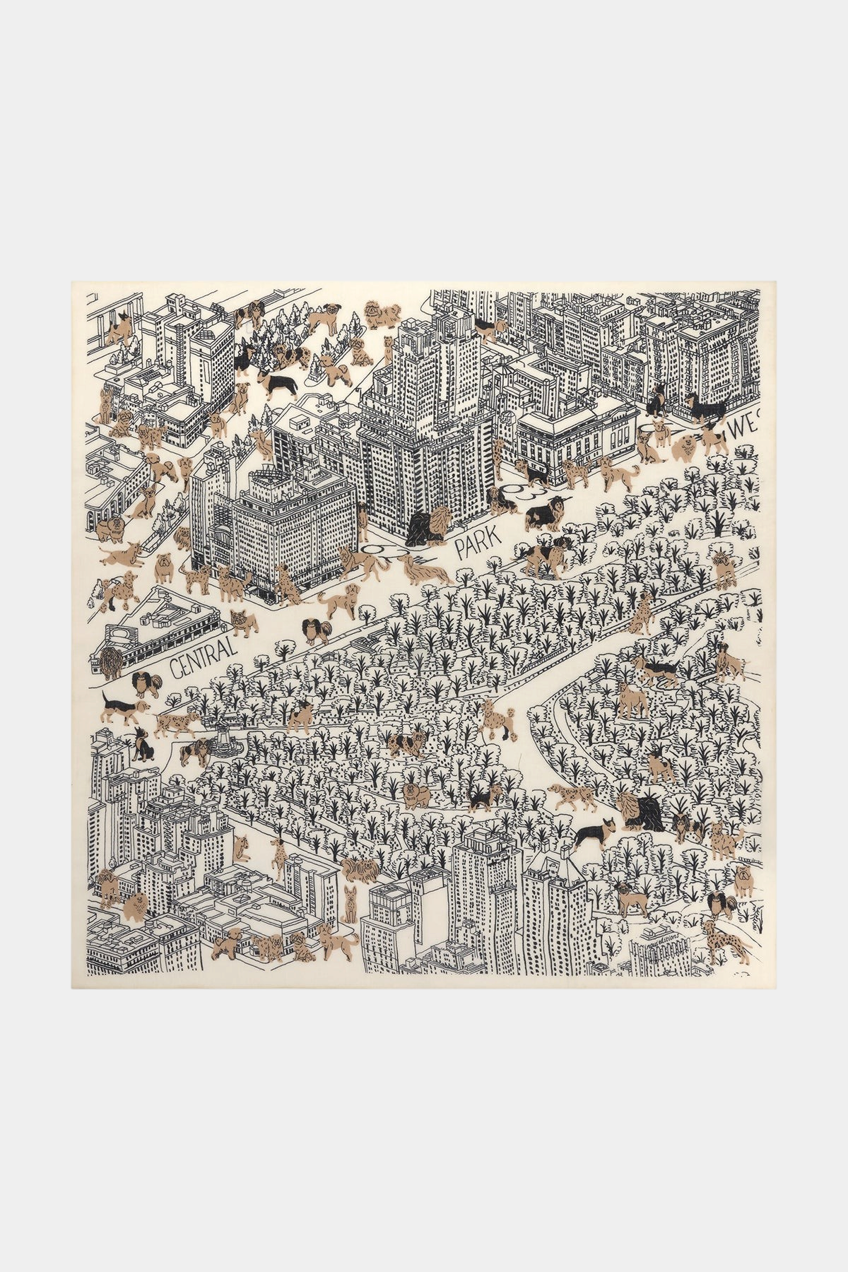 The Copper Shed white wool square scarf featuring a detailed Central Park illustration with dogs and city buildings.