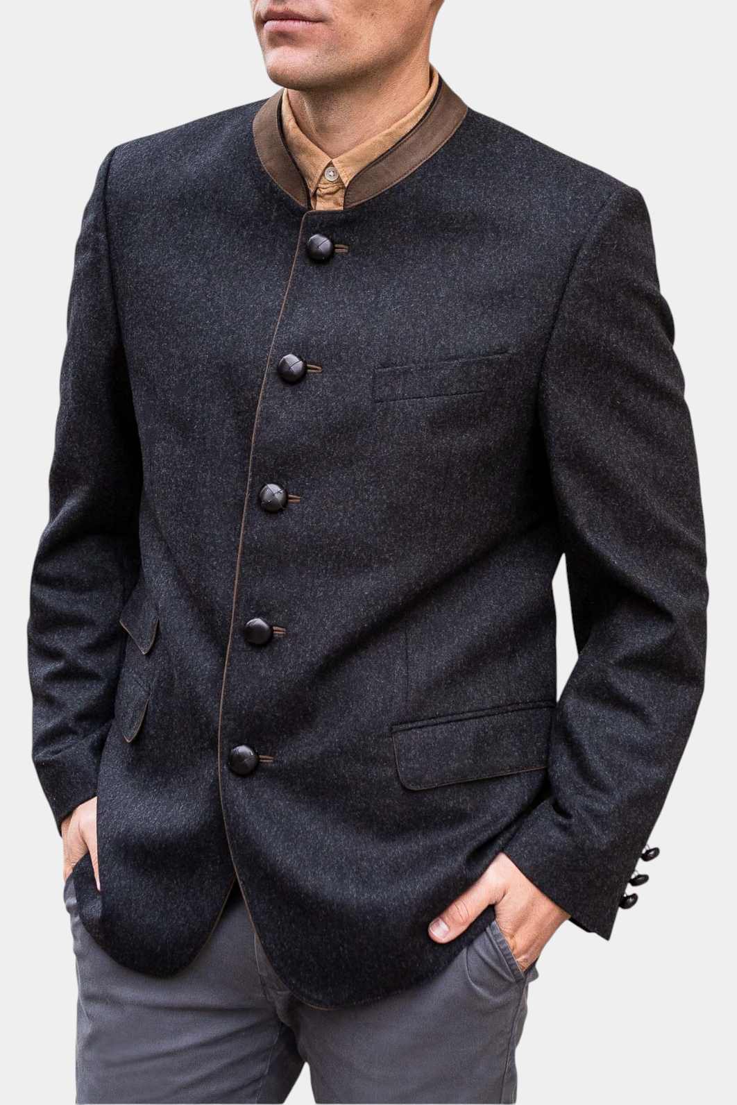 The Copper Shed Edward classic Austrian jacket in charcoal wool with a tan suede mandarin collar and leather buttons.