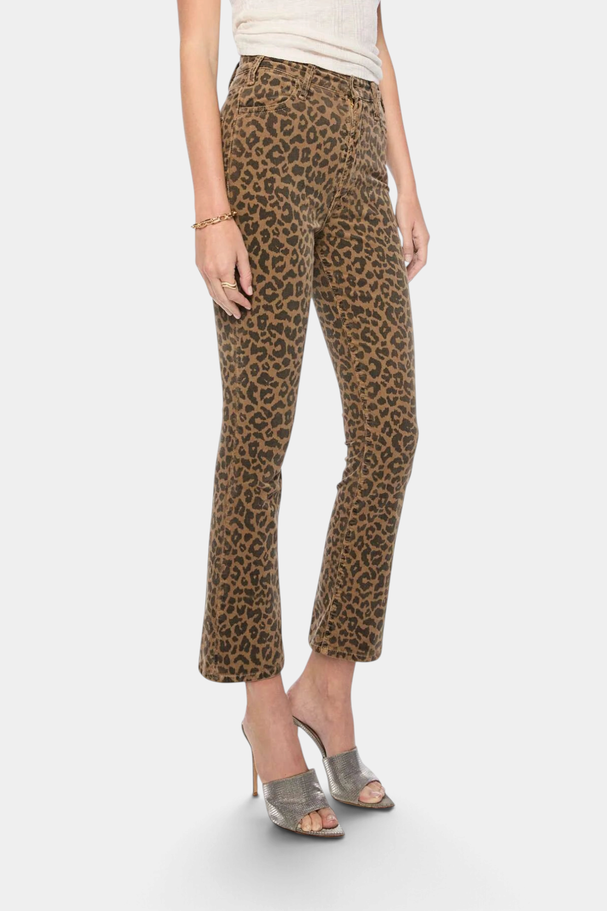 The Copper Shed The Hustler Flood high-rise flare jeans in brown cheetah print stretch corduroy with a clean hem.
