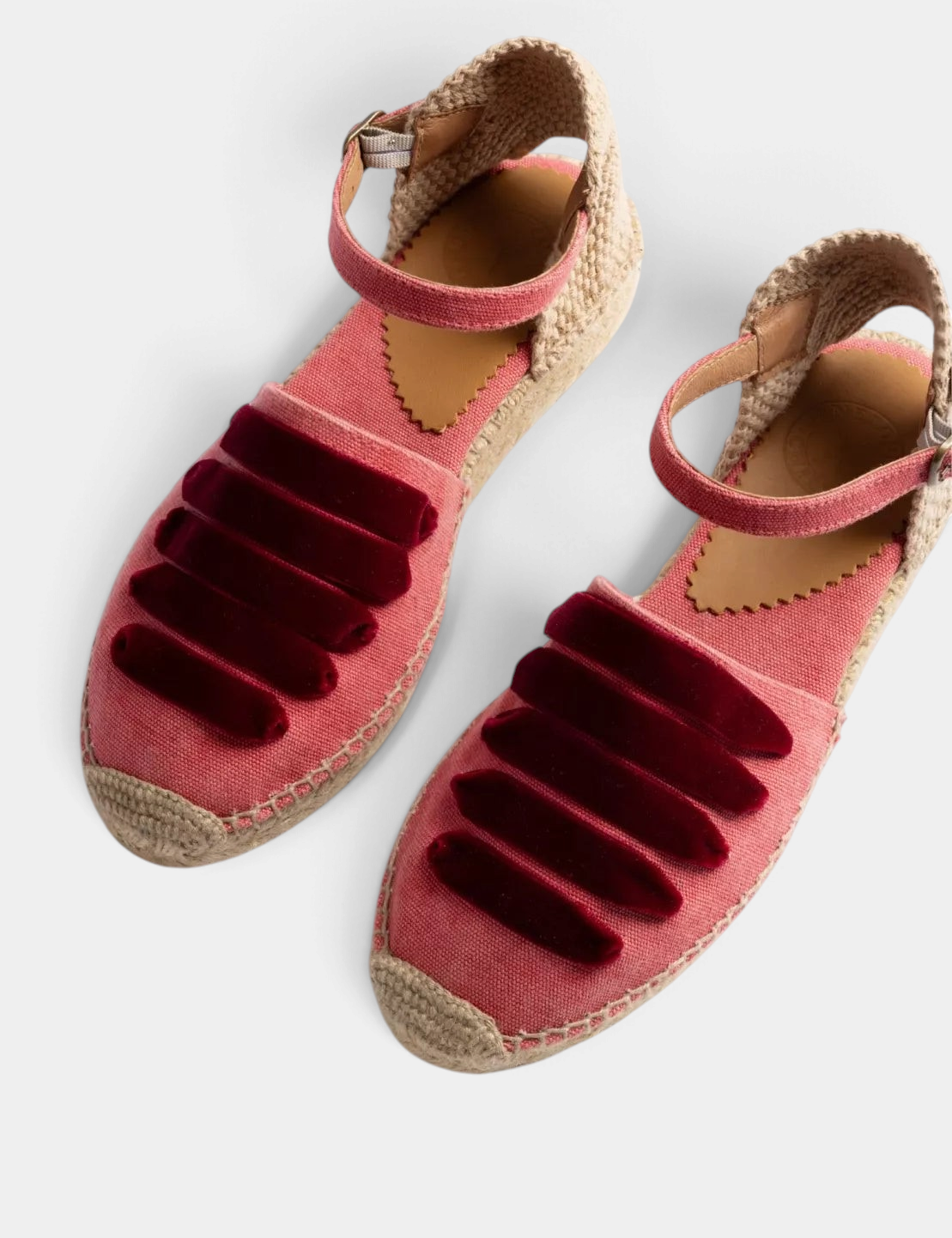 The Copper Shed cherry Low Mary Jane Dali espadrilles with velvet detailing, jute soles, and buckled ankle straps.