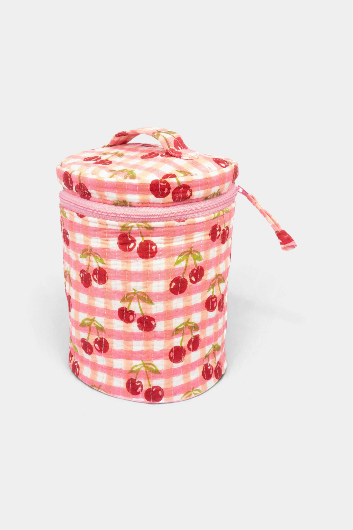 The Copper Shed upright makeup bag in pink cherry and gingham print cotton with a top handle and zip closure