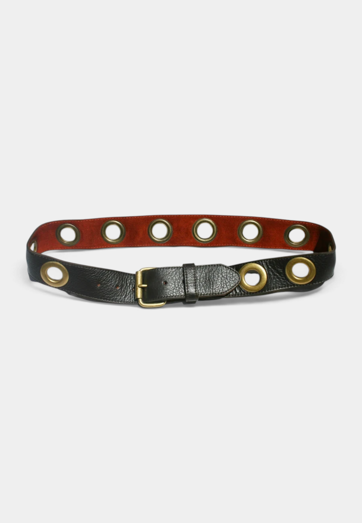 The Copper Shed black leather grommet belt with gold hardware and burgundy suede backing