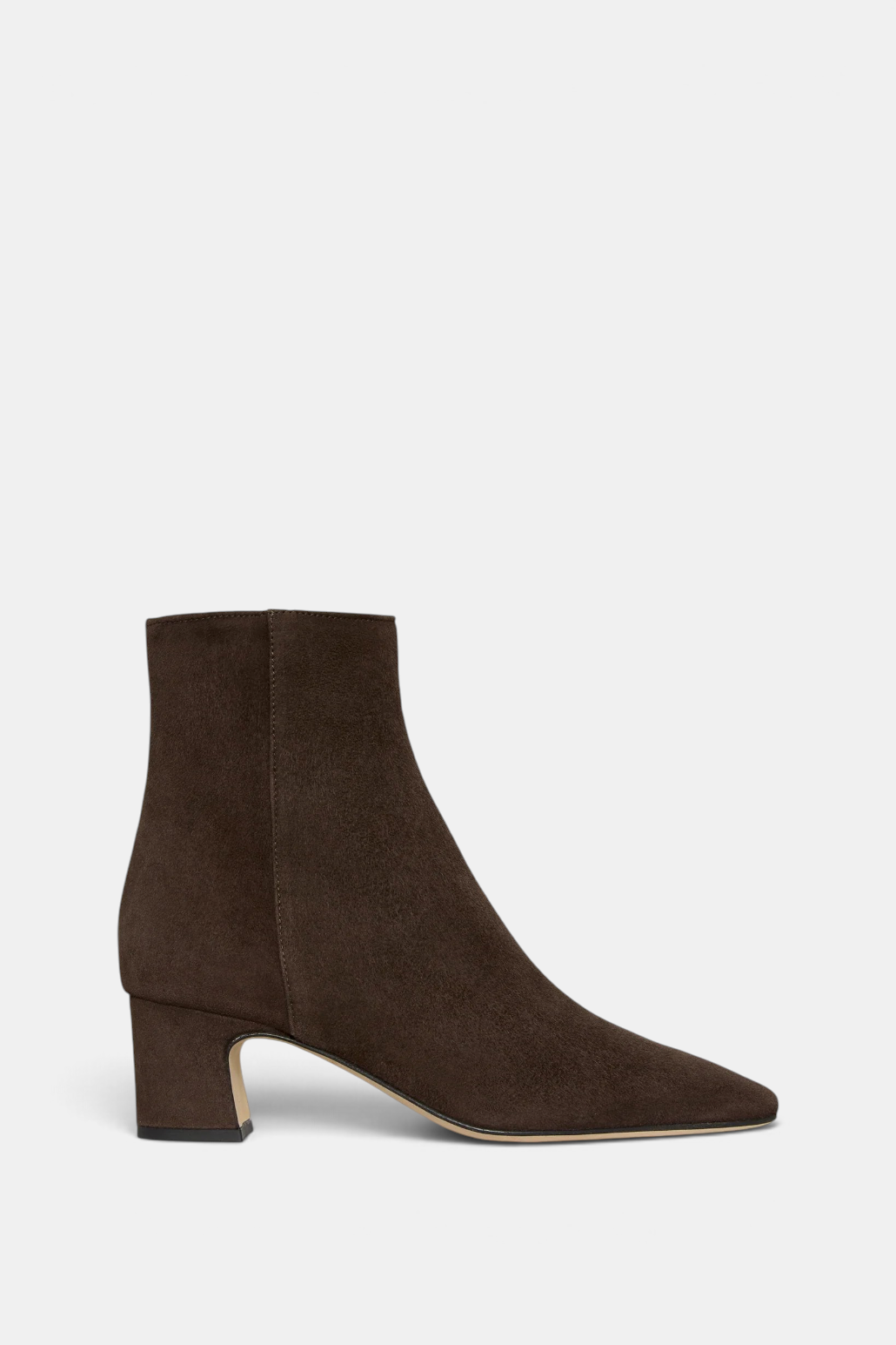 The Copper Shed chocolate brown Italian lamb suede ankle boot with a squared-off toe and flared block heel.