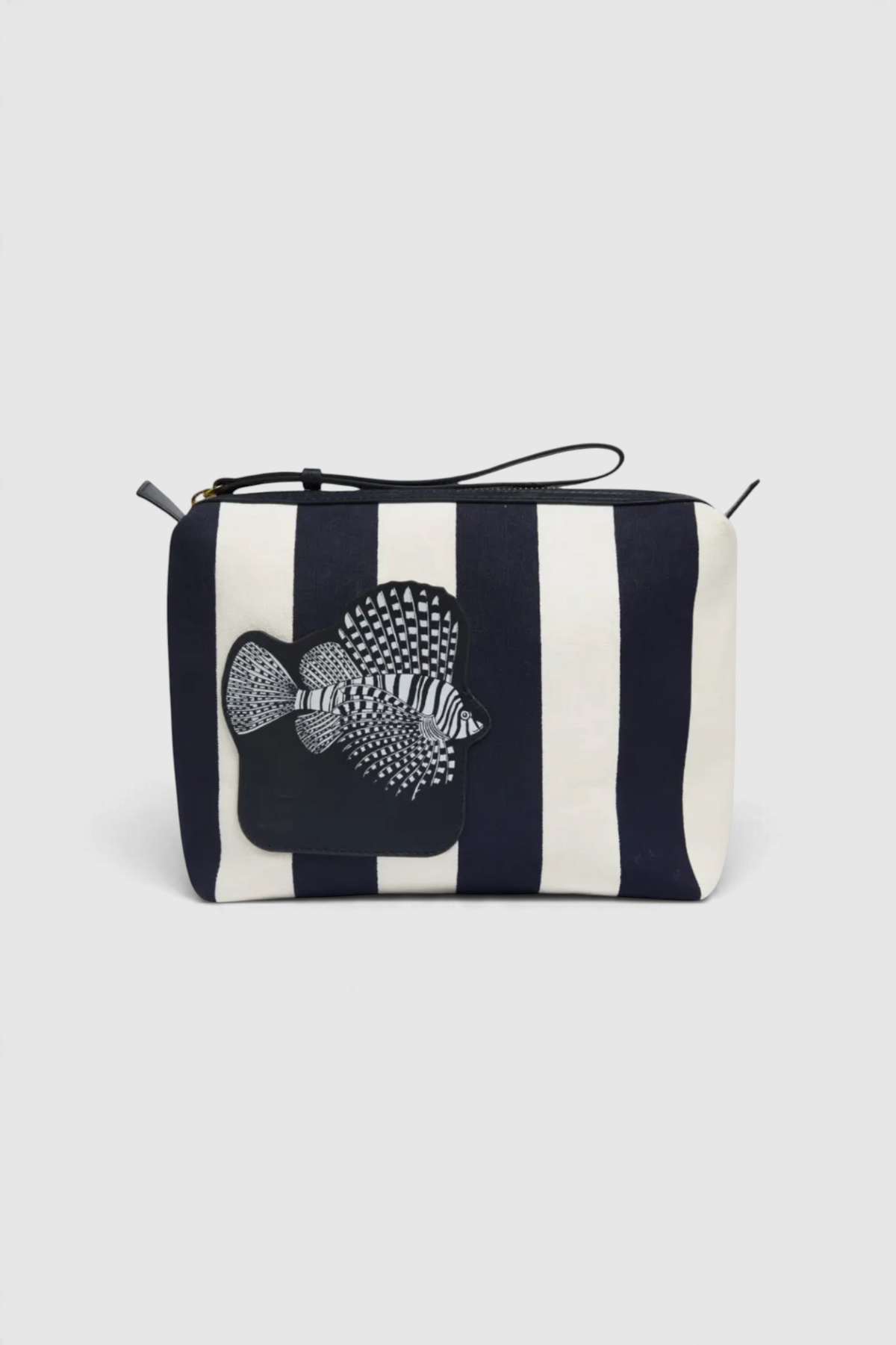 The Copper Shed City Tasca case in navy and white striped cotton with a fish motif and Italian leather details.