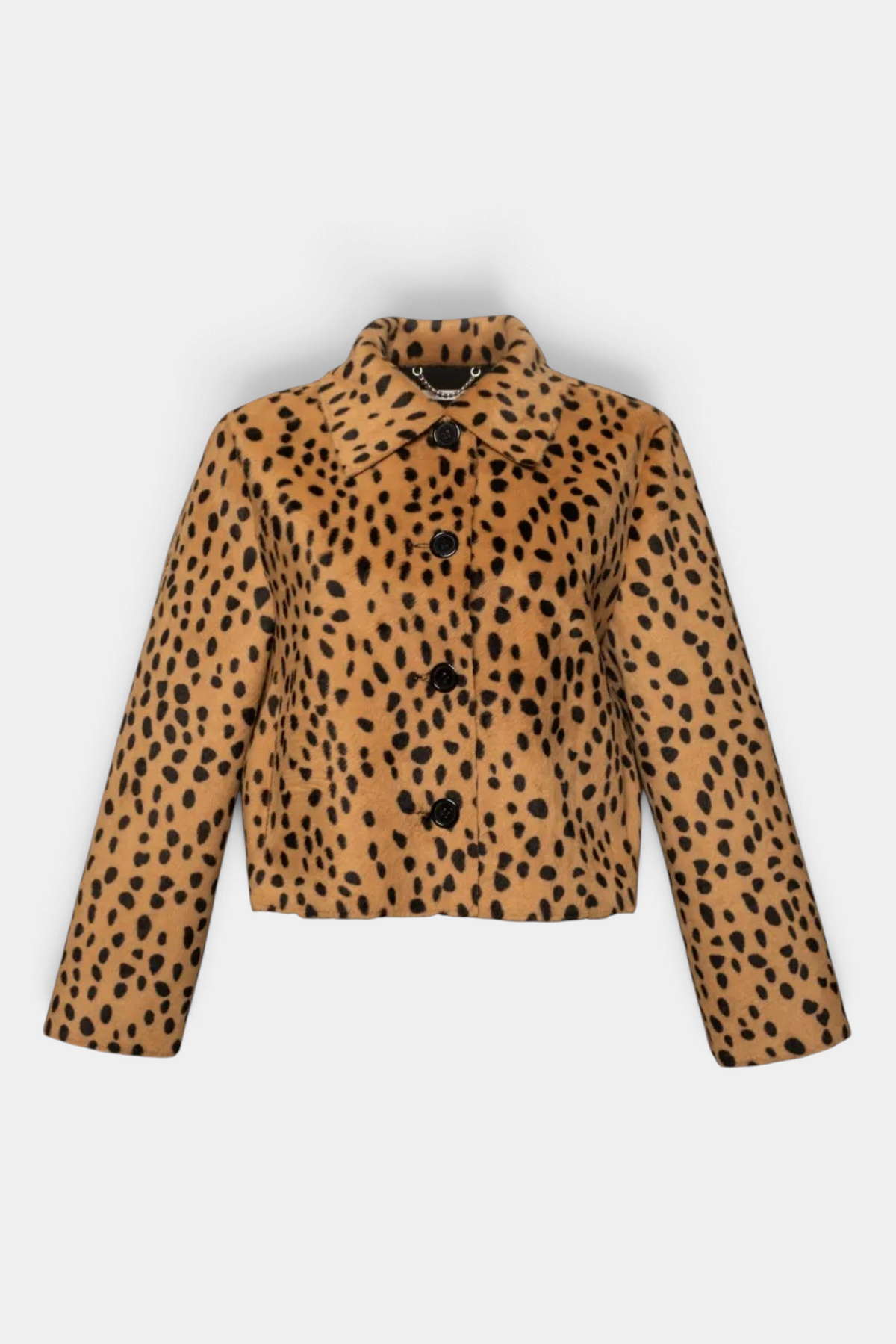 The Copper Shed Cosette jacket in tan and black cheetah print faux fur with a classic collar and button-up front.