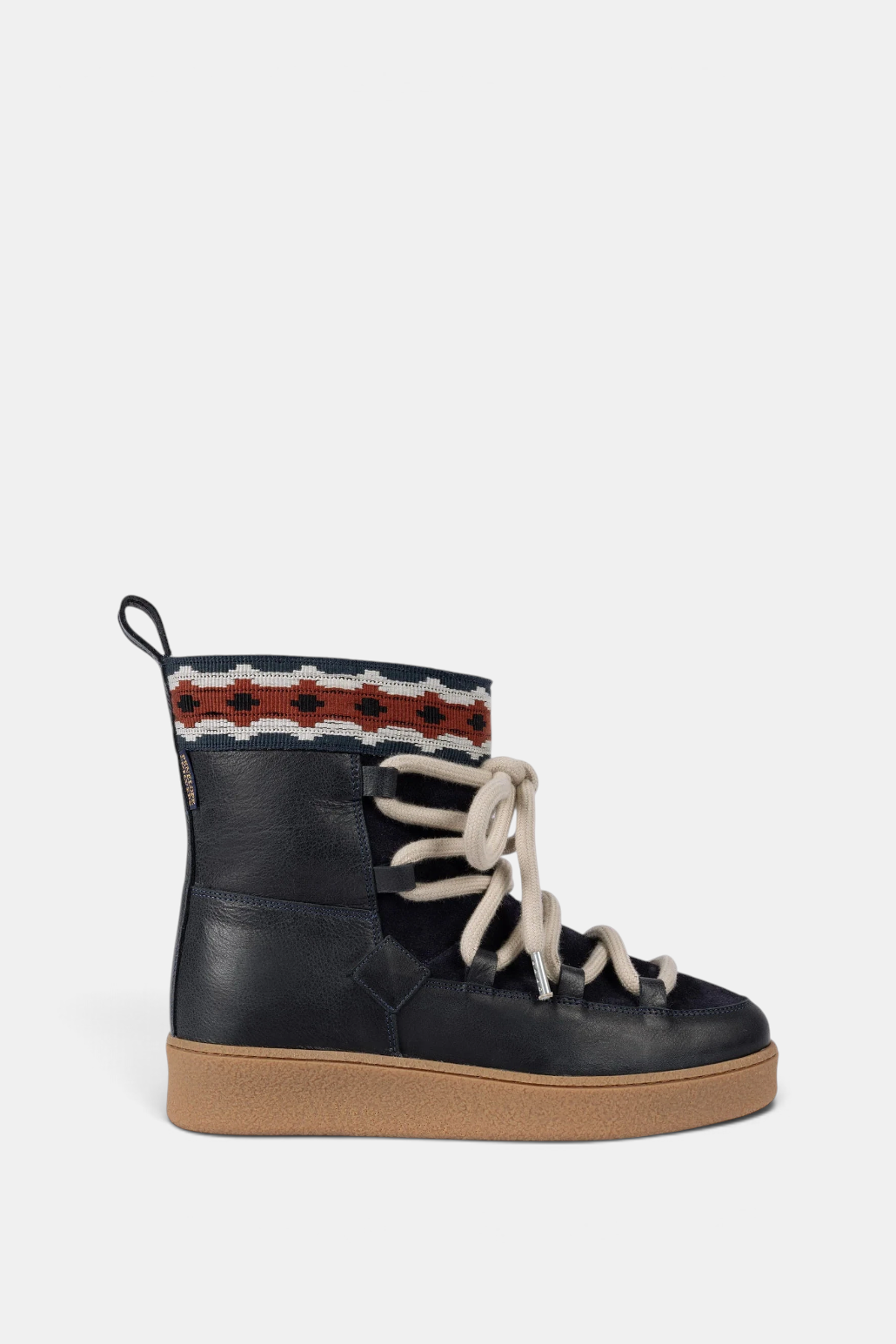 The Copper Shed Cosmo suede and leather moon boot in black with organic cotton stripe trim and wool lining.