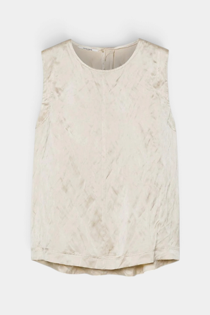 The Copper Shed sleeveless crinkled viscose satin top in a neutral champagne tone with a round neckline.