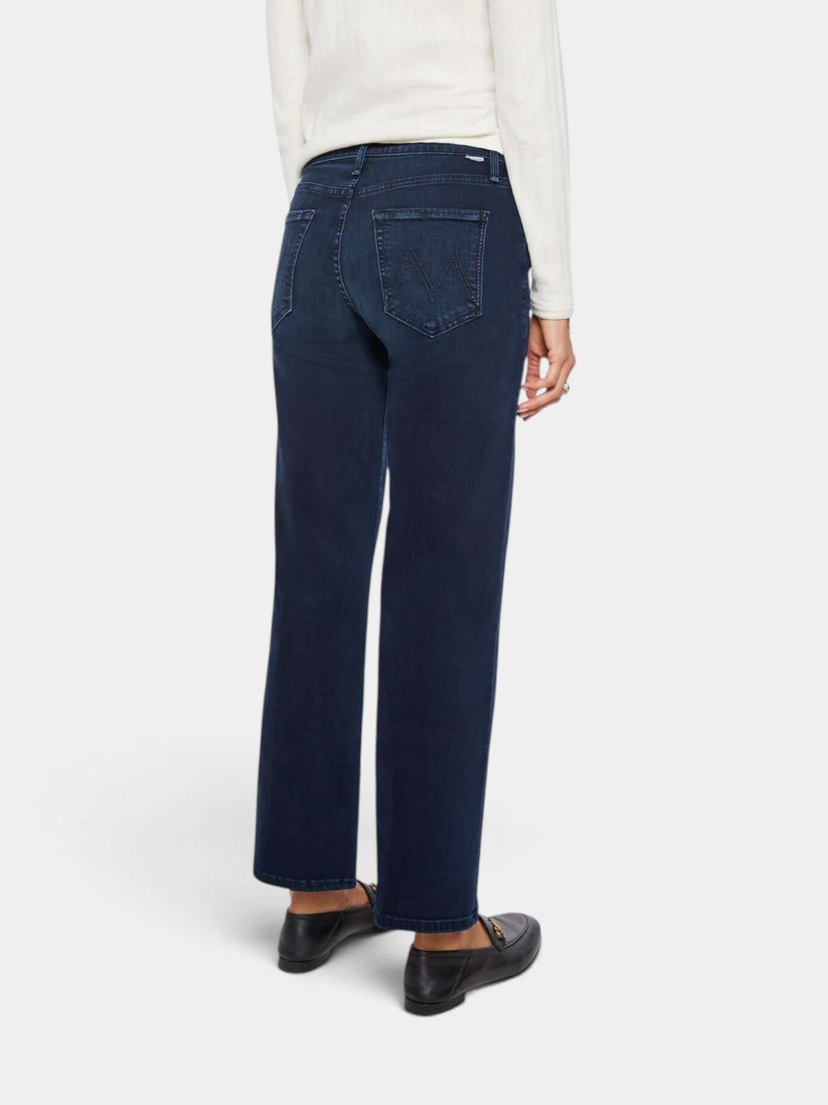 The Copper Shed dark blue mid-rise straight leg jeans with ankle-length hem and back pocket stitching detail