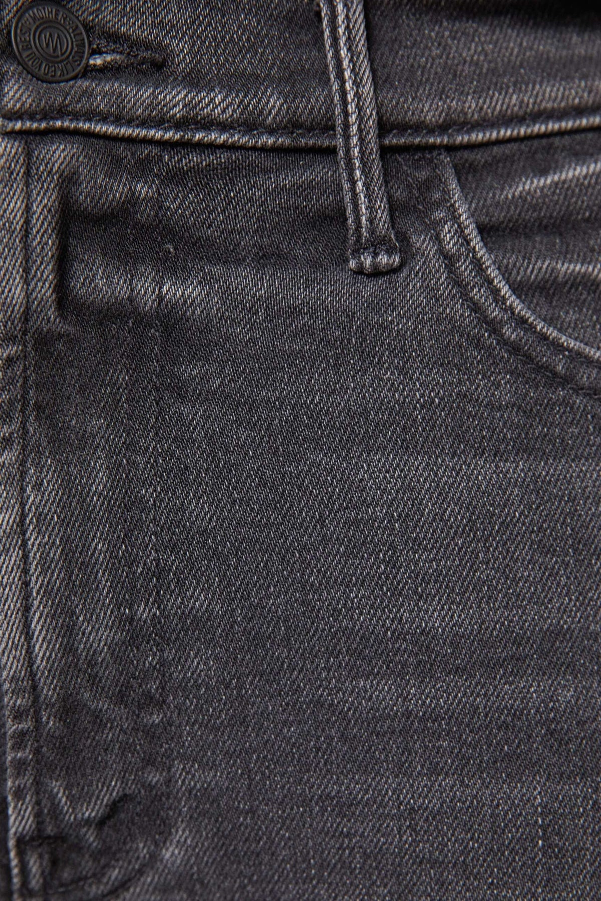 The Copper Shed dark grey stretch denim jeans featuring whiskering, subtle fading, and black hardware detail.
