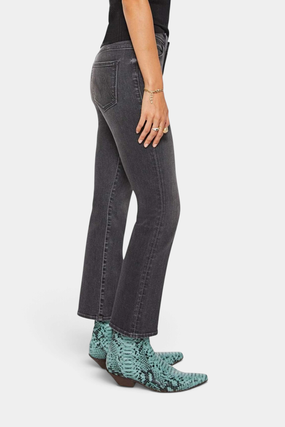 The Copper Shed The Hustler Ankle dark grey stretch denim jeans with a high-rise flare and clean ankle-length hem.