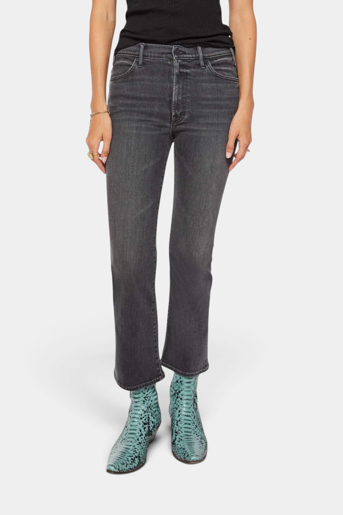 The Copper Shed The Hustler Ankle dark grey stretch denim jeans with a high-rise flare and clean hem