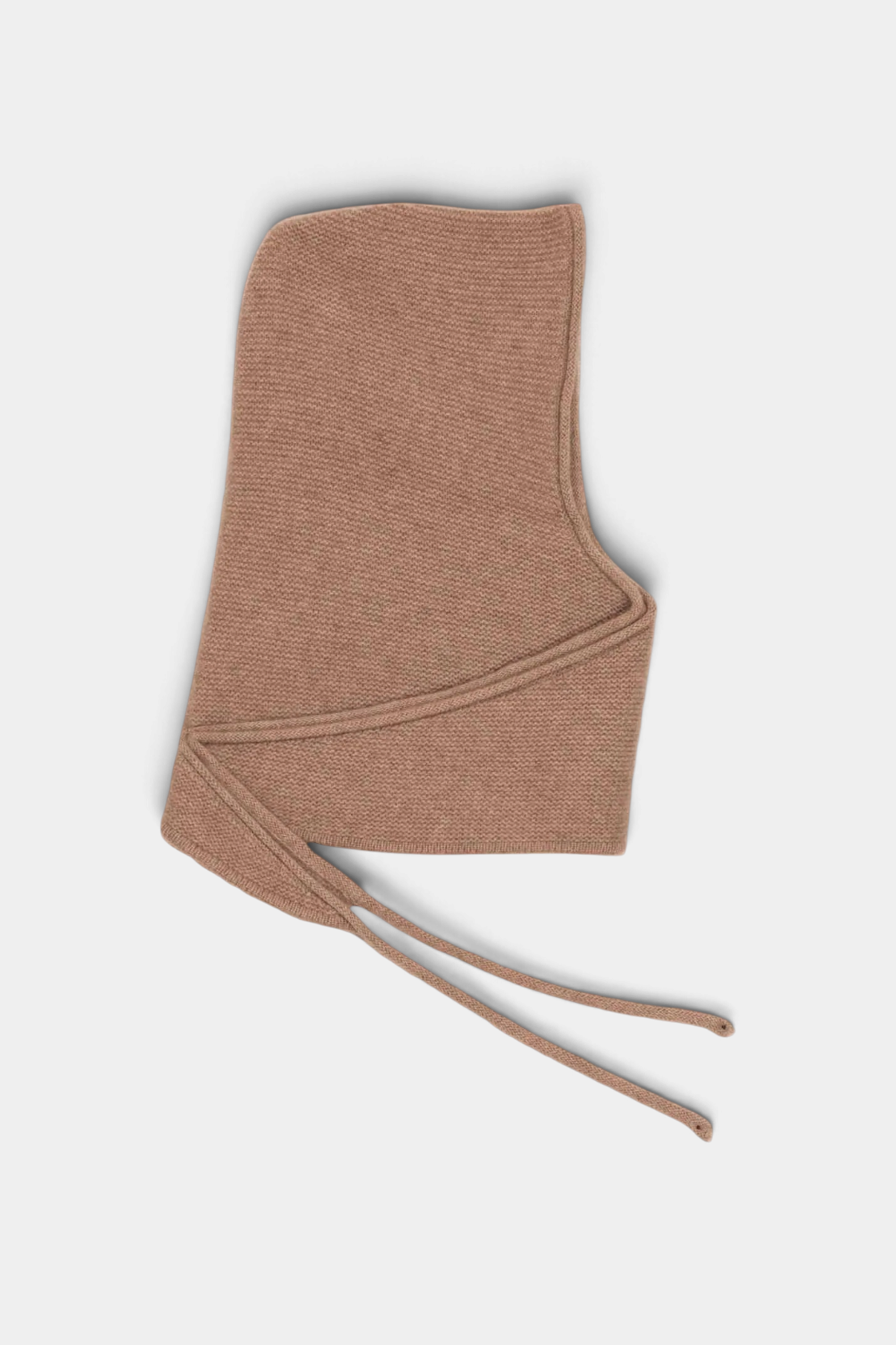 The Copper Shed Eden hooded scarf in soft beige organic cashmere with simple tie closures, flat lay view.