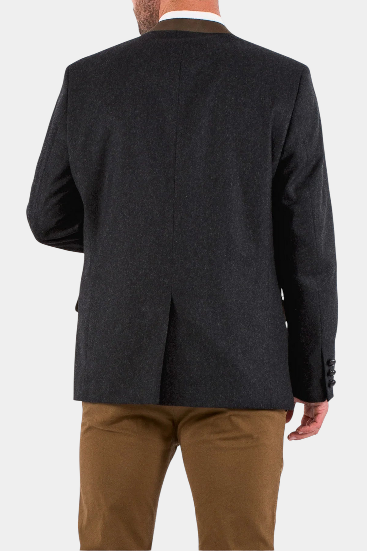 Back view of The Copper Shed Edward classic Austrian jacket in dark grey wool with a brown suede mandarin collar.