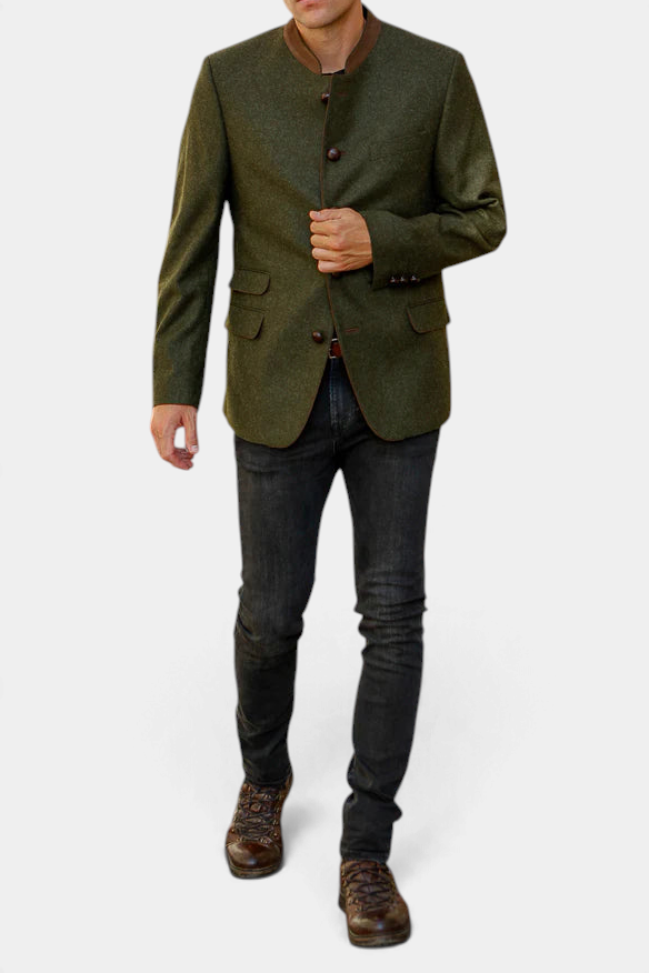 The Copper Shed Edward classic olive green Austrian jacket with suede mandarin collar and leather buttons
