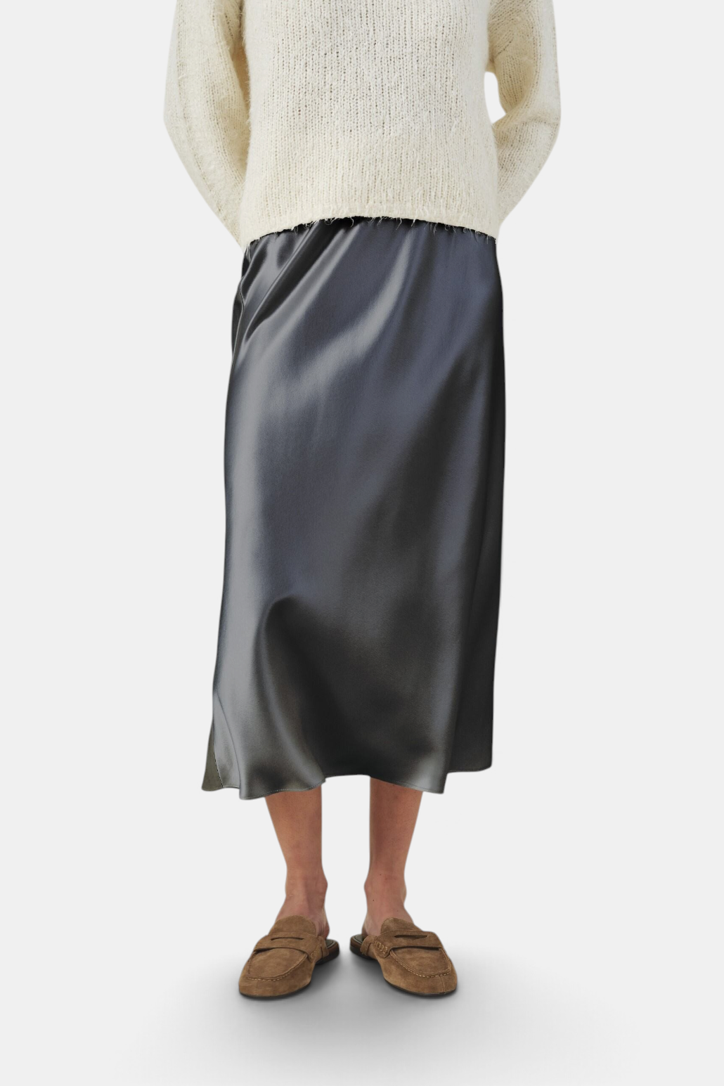 The Copper Shed Ella skirt in charcoal grey satin with a high-rise waist and elegant bias-cut silhouette.