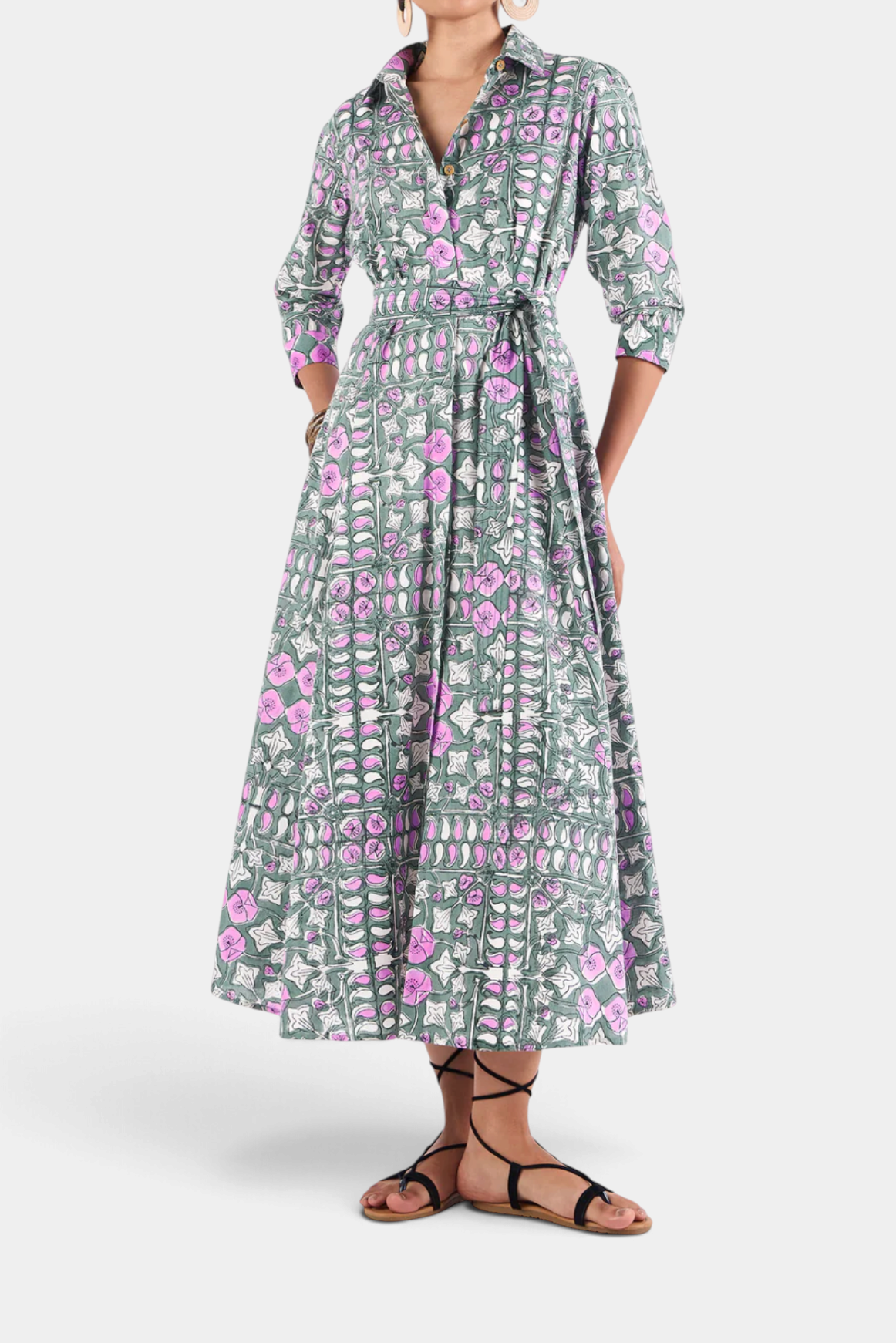The Copper Shed Emily shirt dress in airy cotton voile with a green and pink abstract print, 3/4 sleeves, and belt.