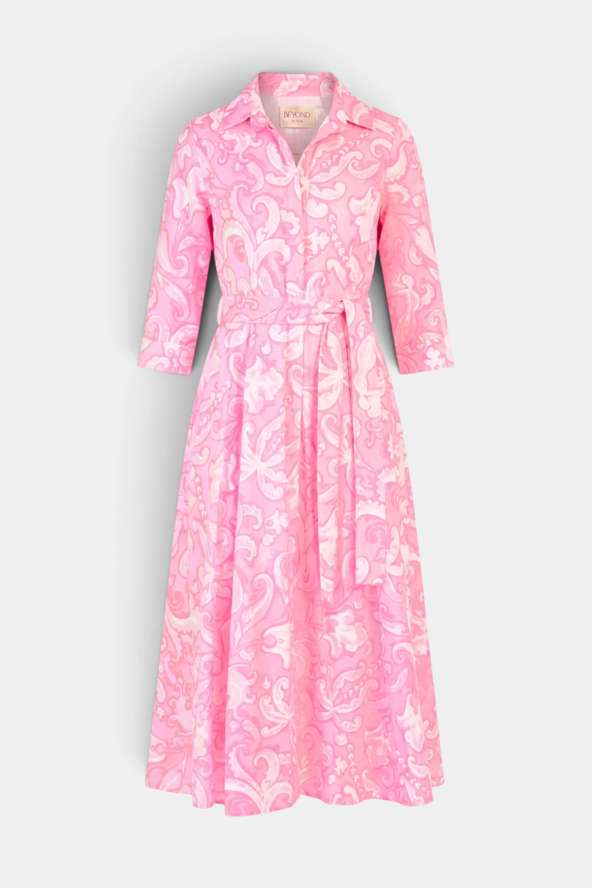 The Copper Shed Emily shirt dress in pink cotton voile with a patterned print, 3/4 sleeves, and a matching waist belt.
