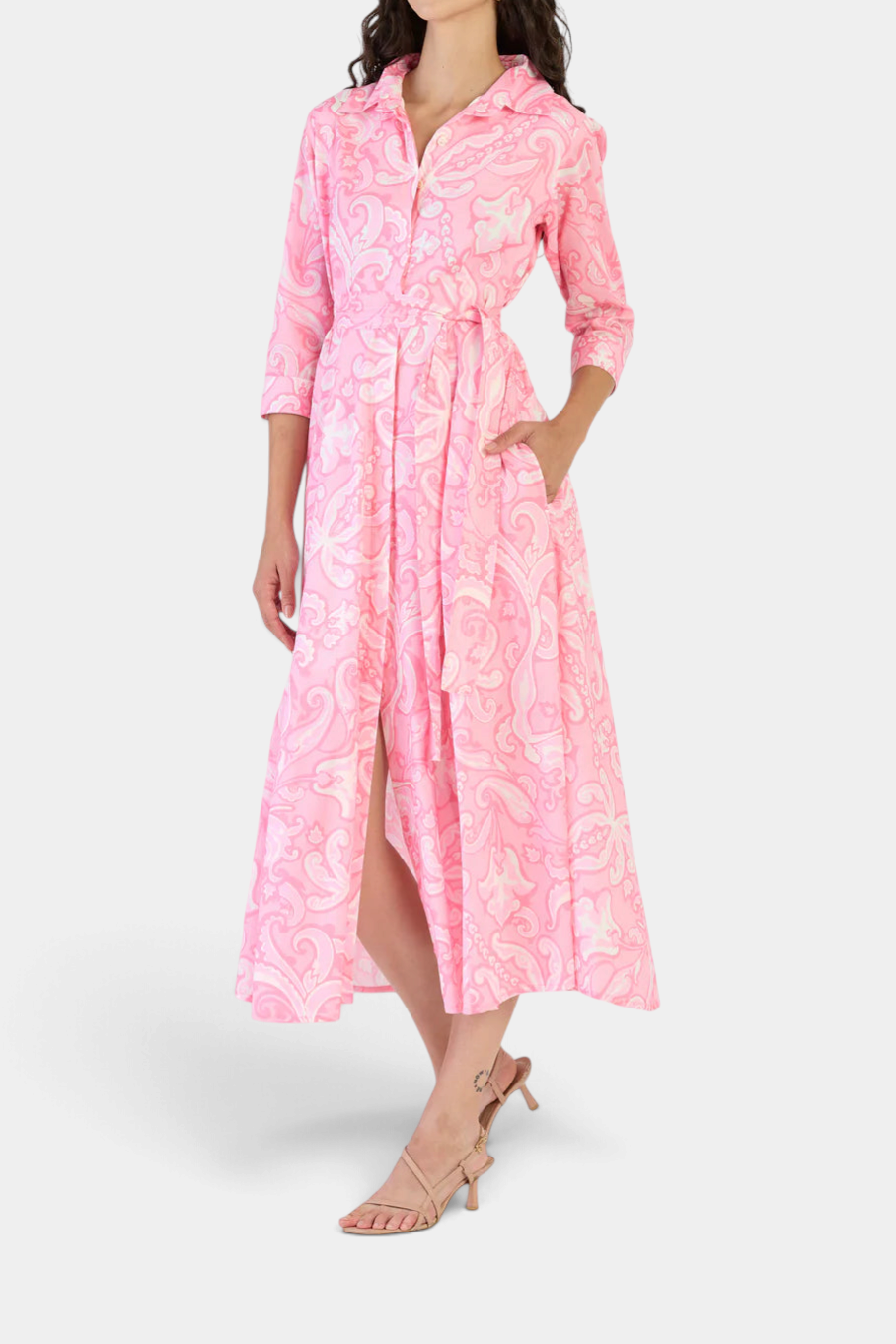 The Copper Shed Emily shirt dress in pink cotton voile with a dreamlike print, 3/4 sleeves, and a waist belt.