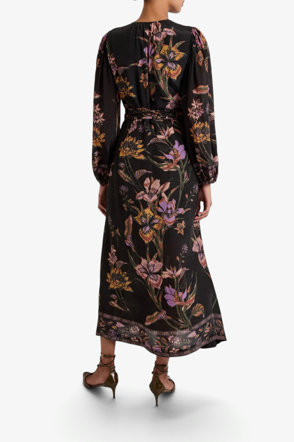 The Copper Shed Everette wrap dress in navy with floral print, puffed sleeves, and midi length, back view.