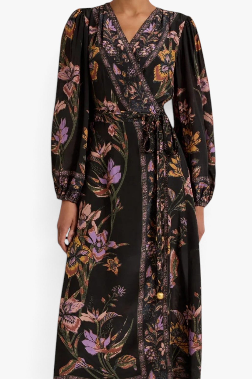 The Copper Shed Everette wrap dress in navy viscose with floral print, puffed sleeves, and adjustable waist tie.