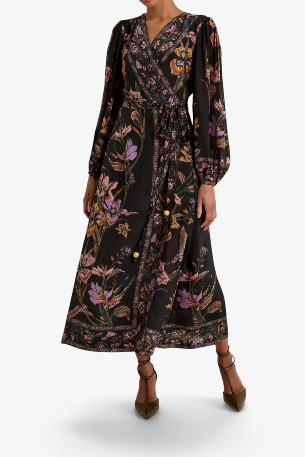 The Copper Shed Everette wrap dress in navy with floral print, puffed sleeves, and adjustable waist tie.