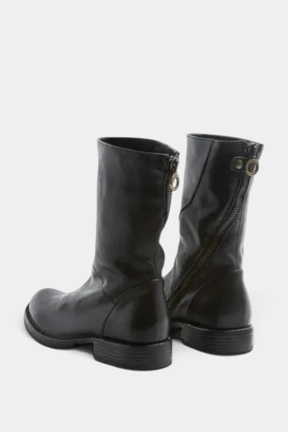 The Copper Shed EZEE black vegetable tanned leather mid-height boots with a rear zip and stacked heel.