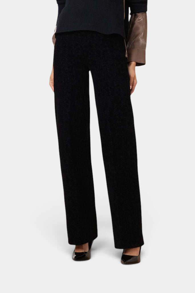 The Copper Shed Flavia black velvet pull-on palazzo pants with a smooth, pocket-free silhouette and flowing leg.