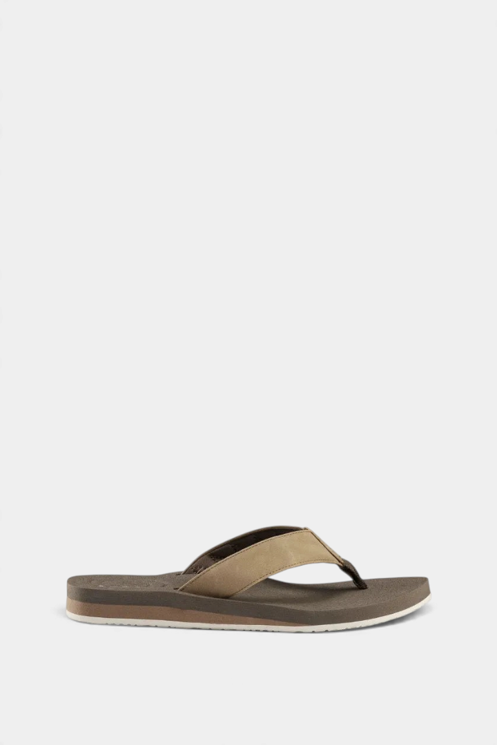 The Copper Shed Floater 2 beach flip flop with a tan padded strap and brown brushed EVA footbed for arch support.