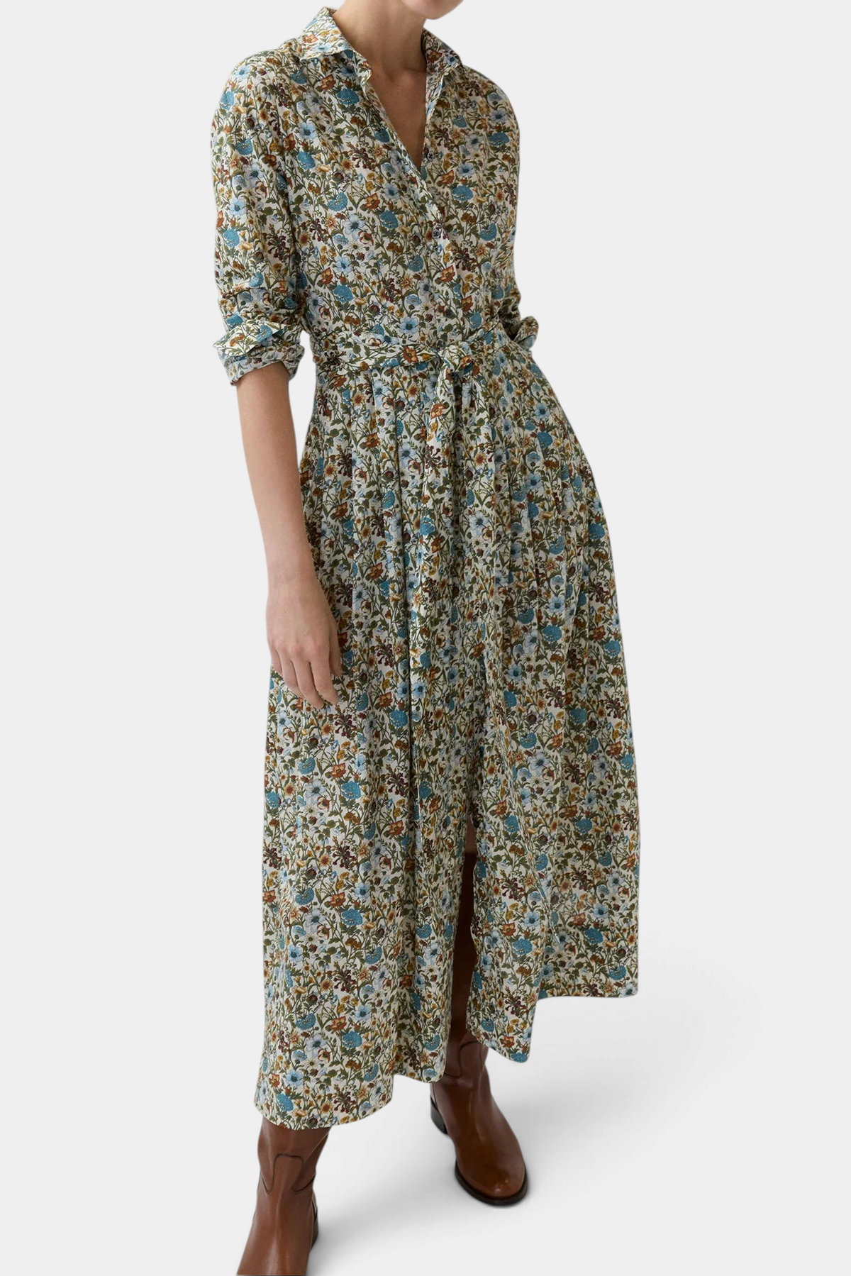 The Copper Shed floral print cotton shirtwaist maxi dress with a belted waist, pleated skirt, and button-up front.