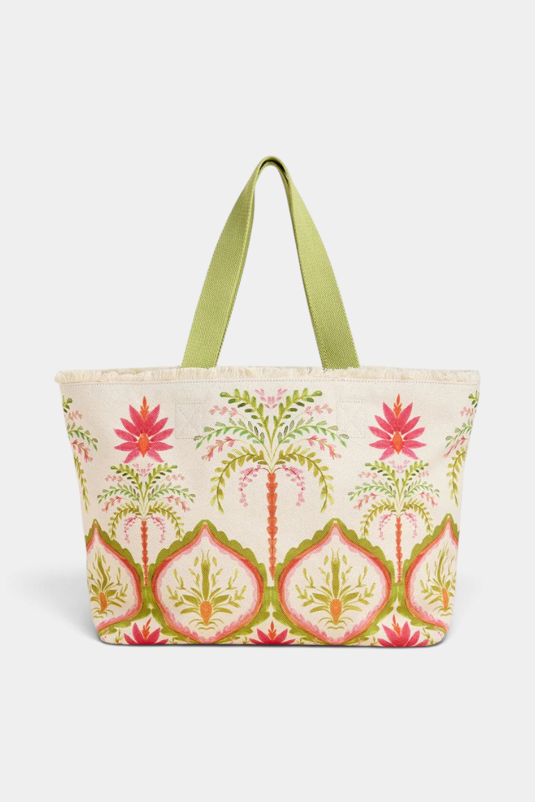 The Copper Shed Castillo floral palm print cotton beach tote with green webbed straps and fringe trim