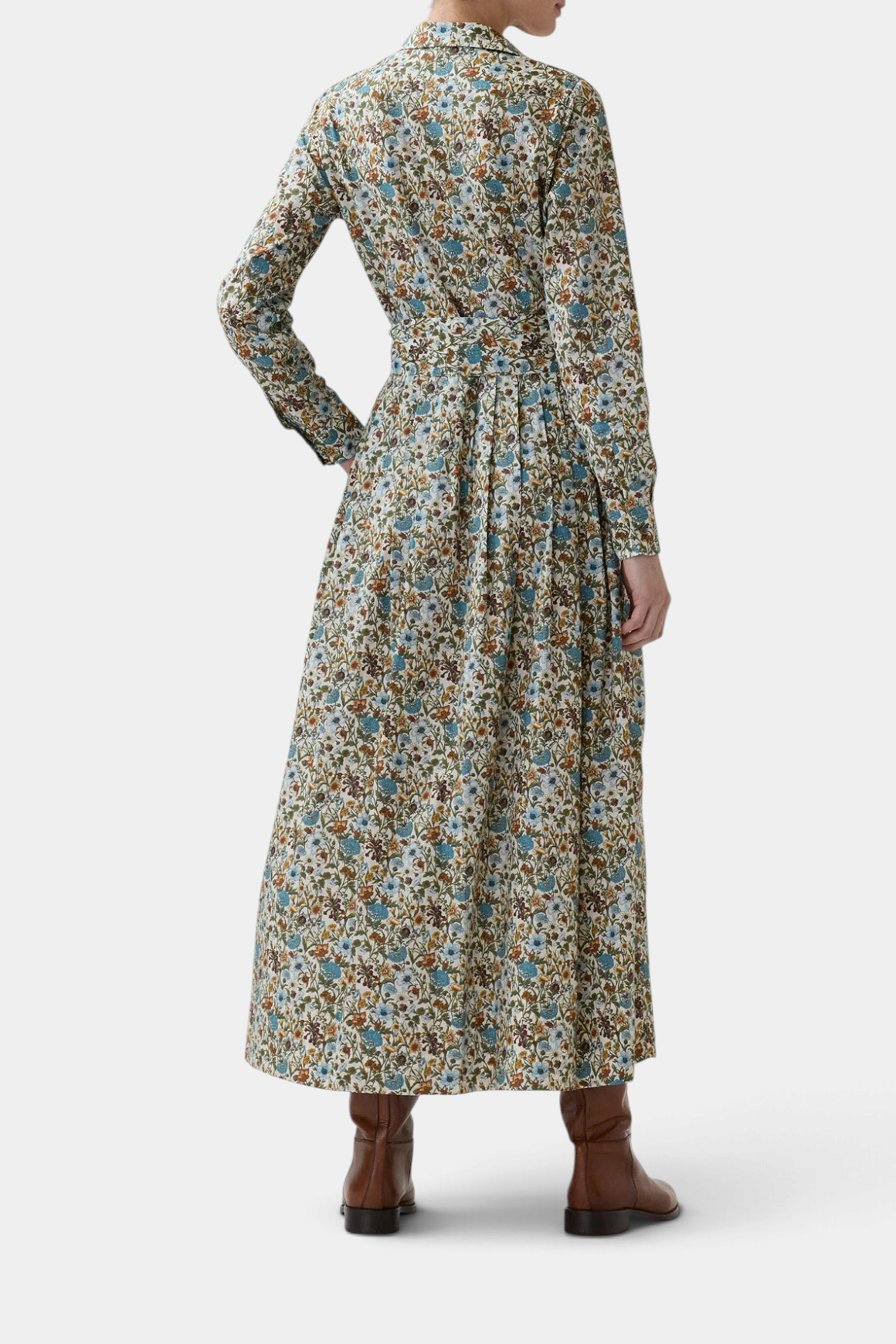 The Copper Shed floral print cotton shirtwaist maxi dress with a pleated skirt and long sleeves, back view.