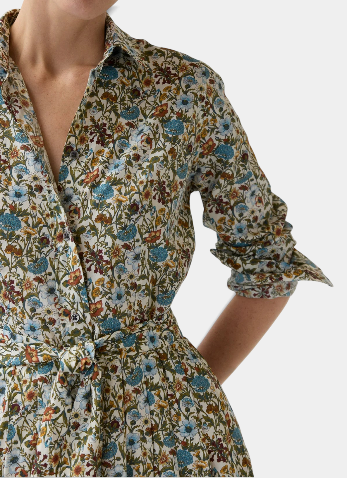 The Copper Shed shirtwaist maxi dress in Liberty Fabrics floral cotton print with mother-of-pearl buttons and belt.
