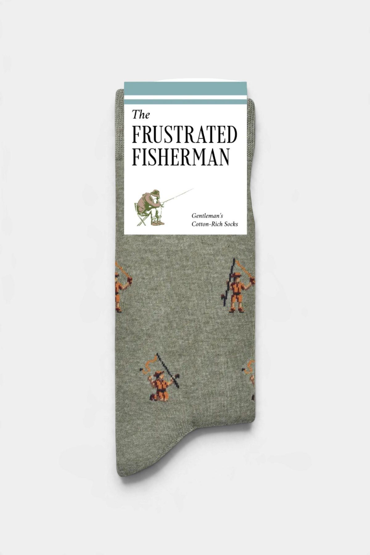 The Copper Shed The Frustrated Fisherman novelty cotton-rich socks in sage green with small angler pattern