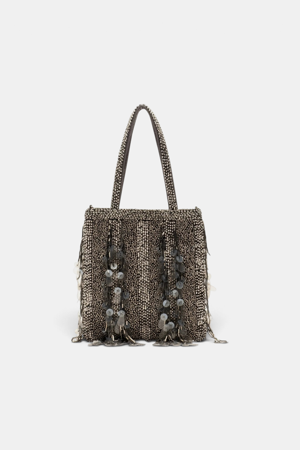 The Copper Shed Gatsby mini tote bag featuring intricate silver beadwork, sequins, and dangling fringe embellishments.