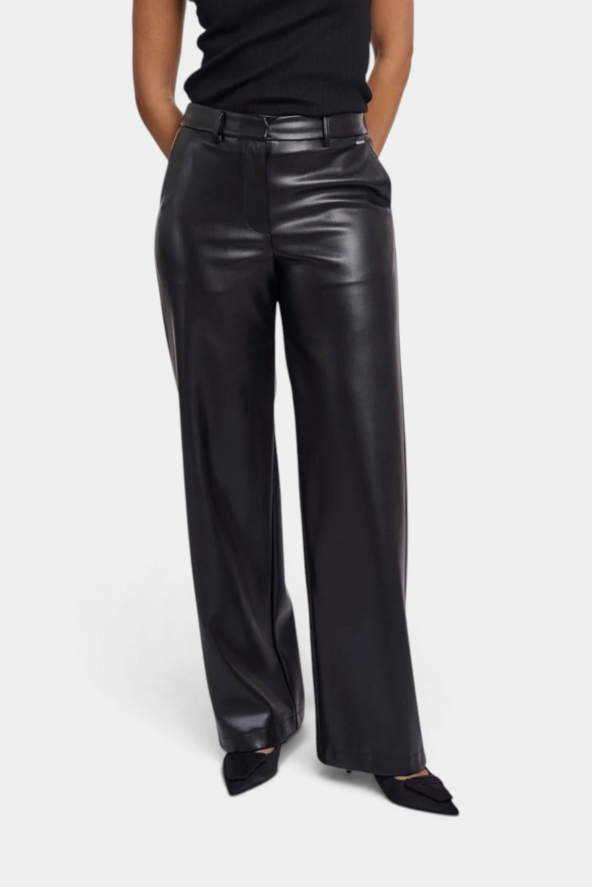 The Copper Shed Georgina straight-leg trousers in black faux leather with belt loops and a comfortable elastic waist.