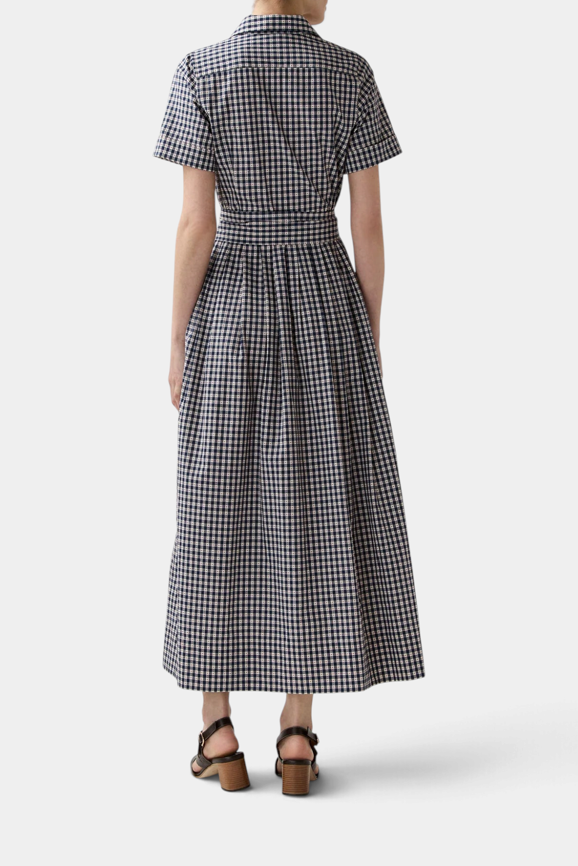 Back view of The Copper Shed short-sleeved gingham shirtwaist maxi dress in embroidered Japanese cotton with a belt.
