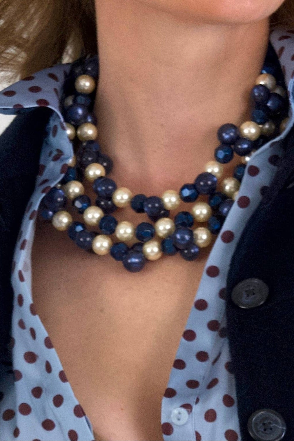The Copper Shed Gisella navy and cream layered resin bead necklace on a leather collar with magnetic closure