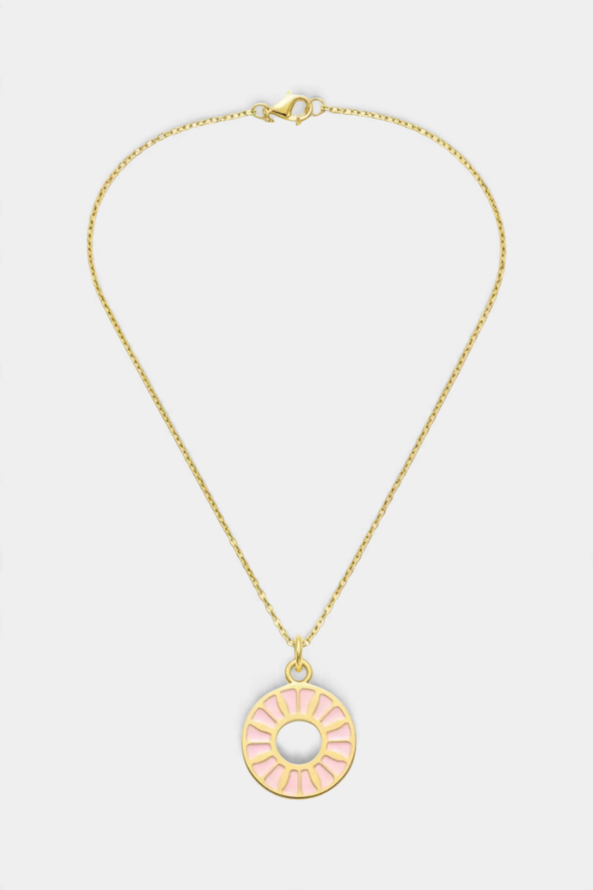 The Copper Shed gold vermeil necklace featuring a circular pendant with pink enamel flower ring detailing.