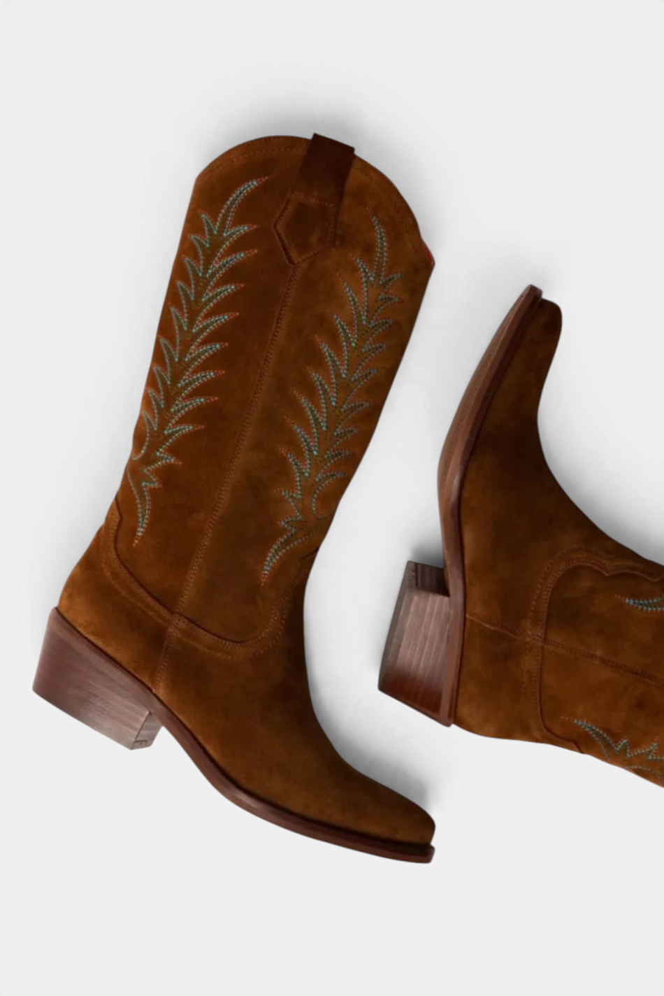 The Copper Shed Goldie tan suede cowboy boots with colourful Western embroidery and a Cuban heel.