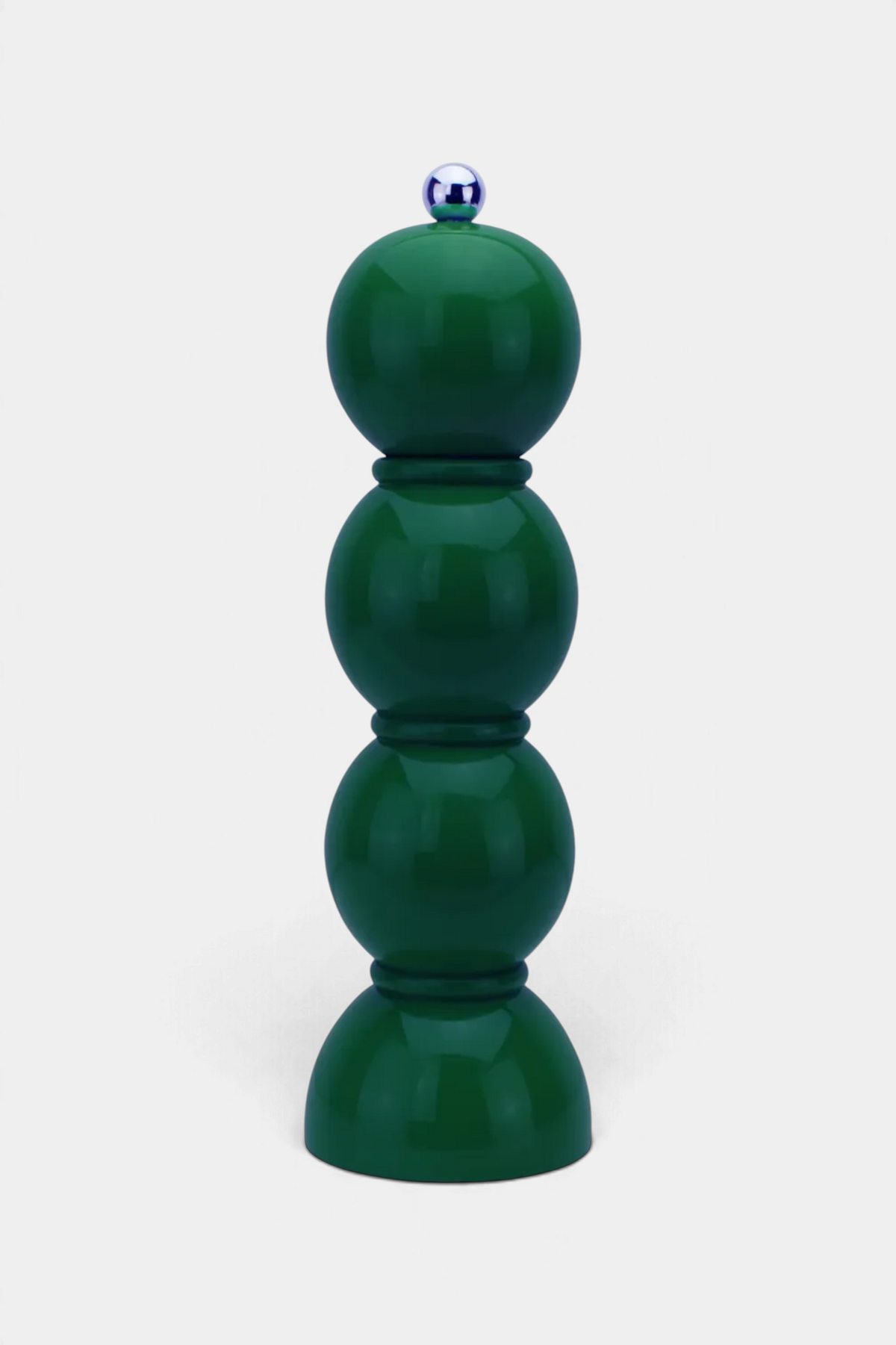 The Copper Shed 24cm green lacquered bobbin salt or pepper mill with a polished stainless steel screw knob.