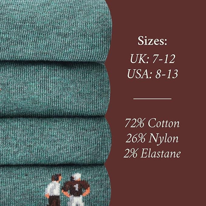 The Copper Shed novelty sports coach socks in green cotton blend with detailed knitted coach figure pattern