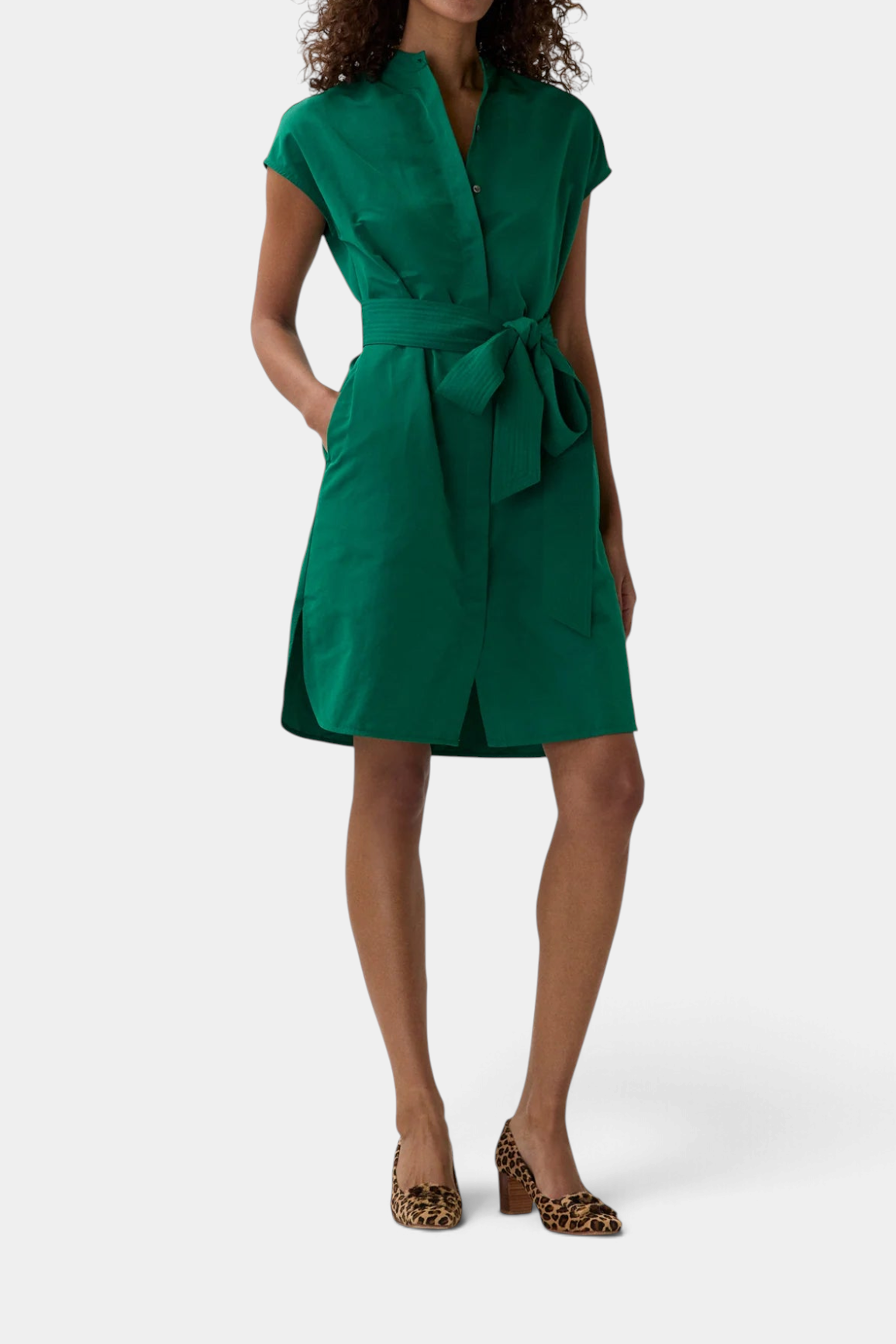 The Copper Shed green Italian faille shirtdress with cap sleeves, a trapunto-stitched obi sash, and a high-low hem.