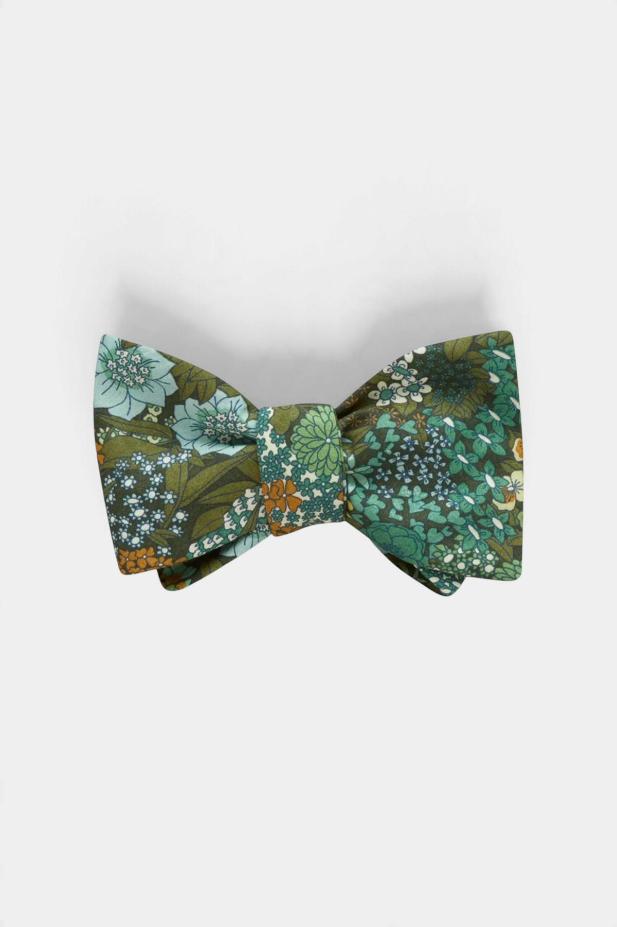 The Copper Shed Liberty of London floral bow tie in shades of green, handcrafted in Vermont.