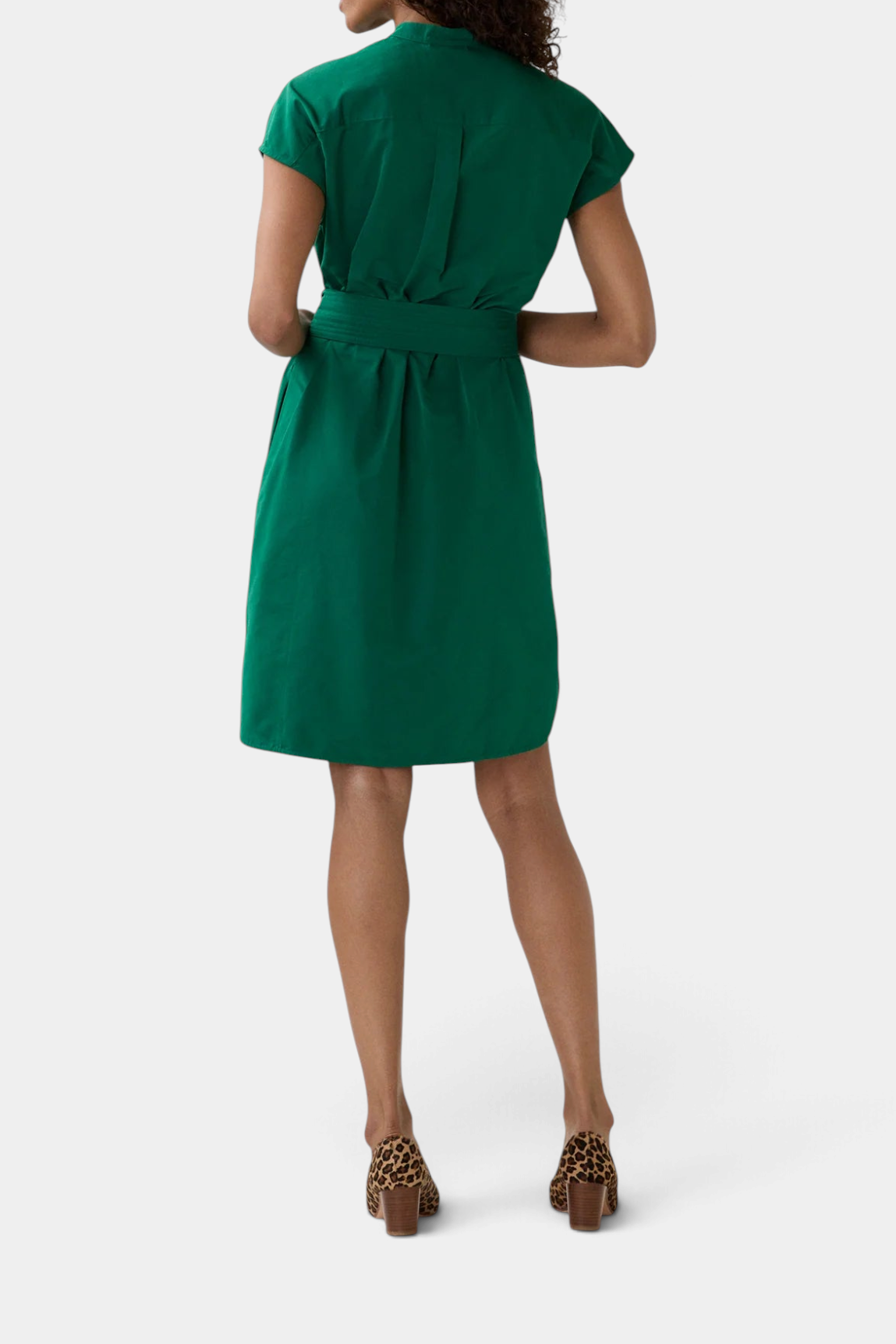 The Copper Shed green Italian faille shirtdress with cap sleeves, obi sash, and high-low hem, back view