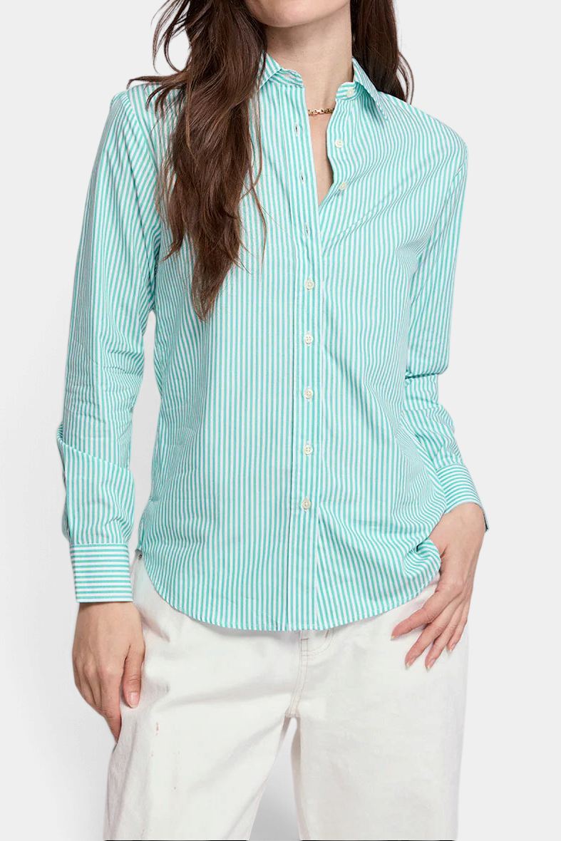 The Copper Shed Icon Shirt in a green and white striped cotton stretch fabric with No Gape button technology.