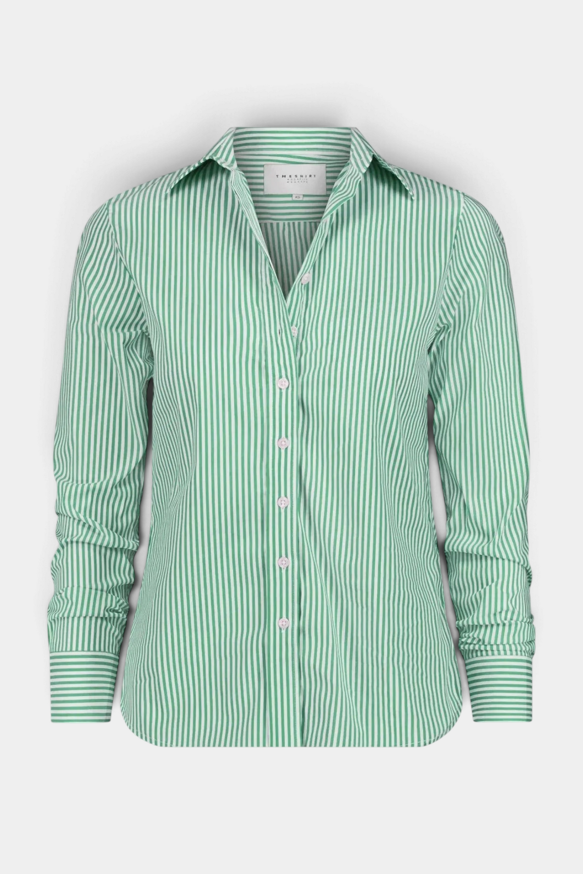 The Copper Shed Icon Shirt in a green and white vertical stripe cotton stretch fabric with No Gape button technology.