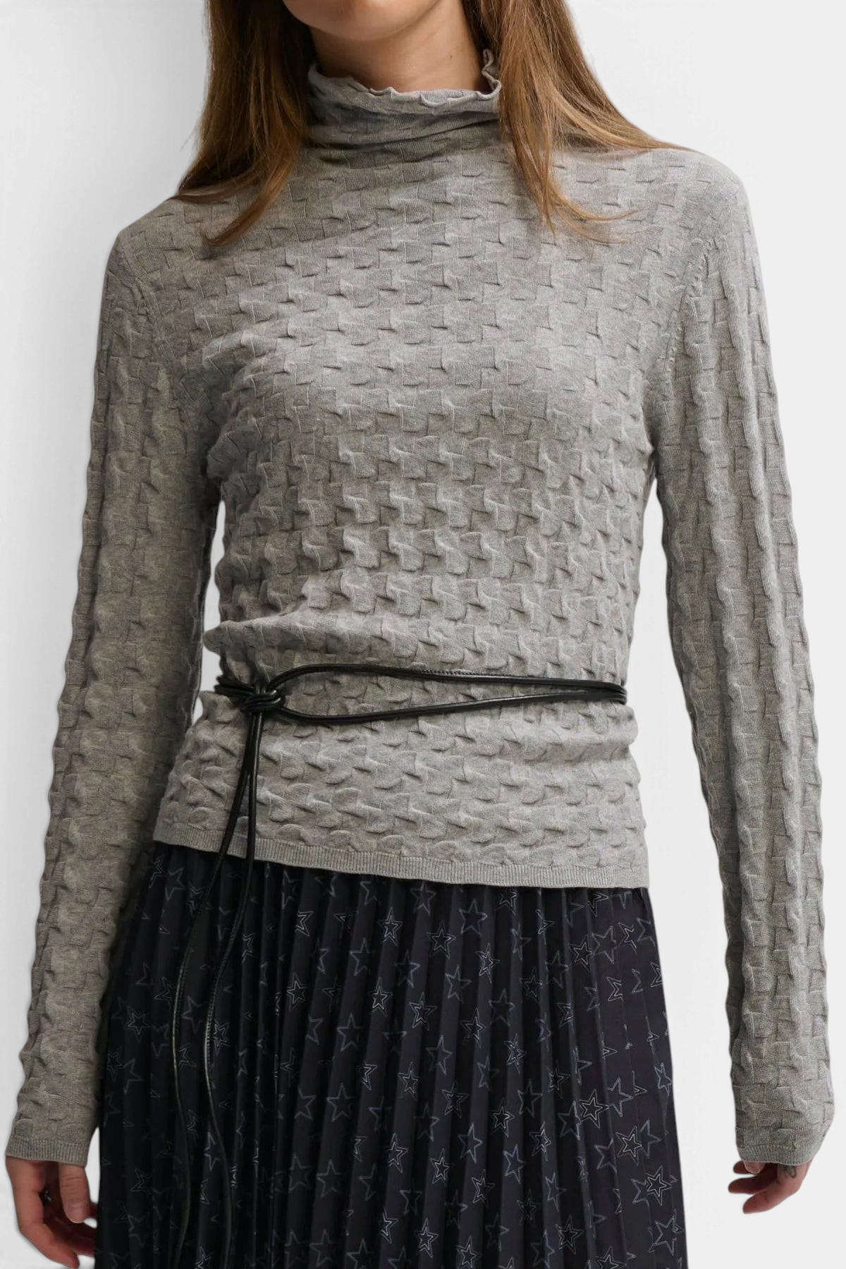 The Copper Shed grey Italian cotton t-neck sweater featuring a textural puckered checkerboard knit and scalloped edges