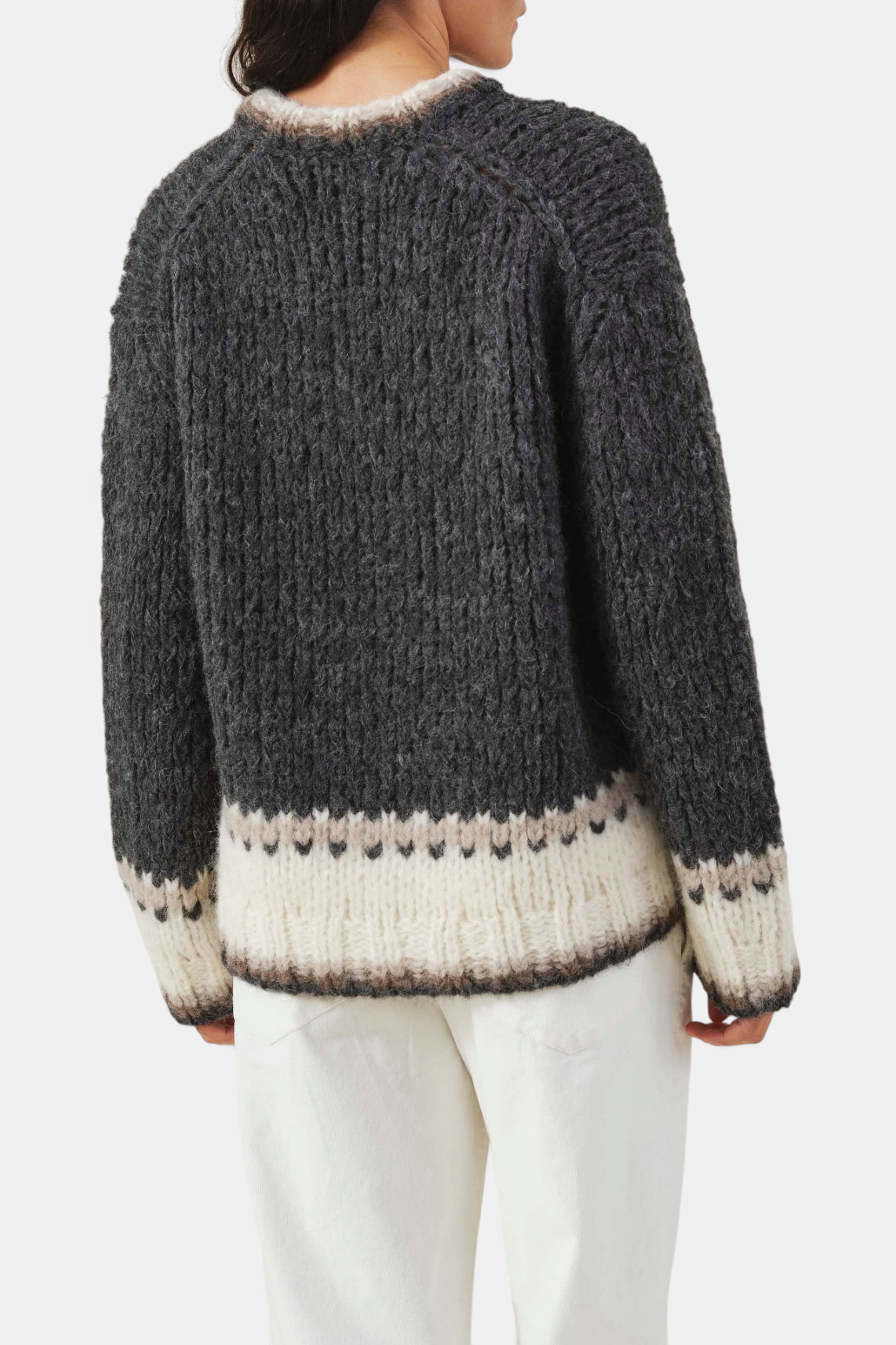 The Copper Shed grey alpaca blend Fair Isle sweater with a crew neckline, shown from the back.